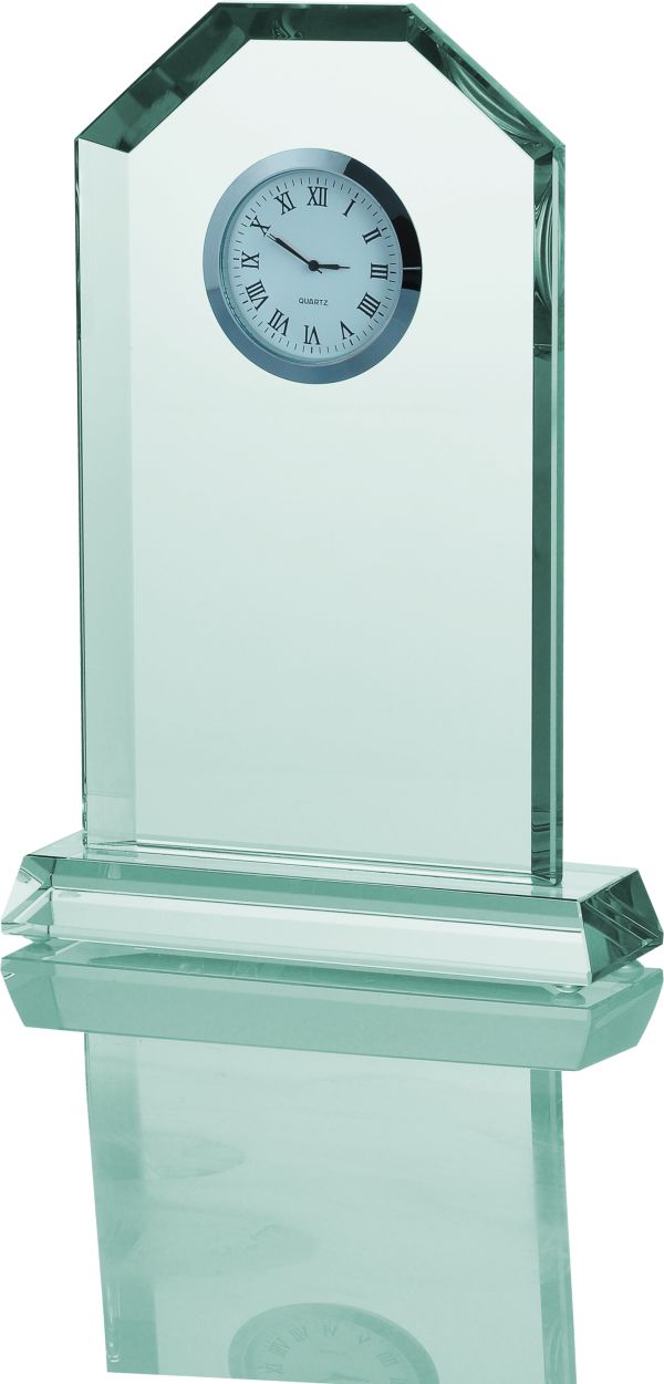G029 - Sklenená trofej s hodinkami + obal H-22cm