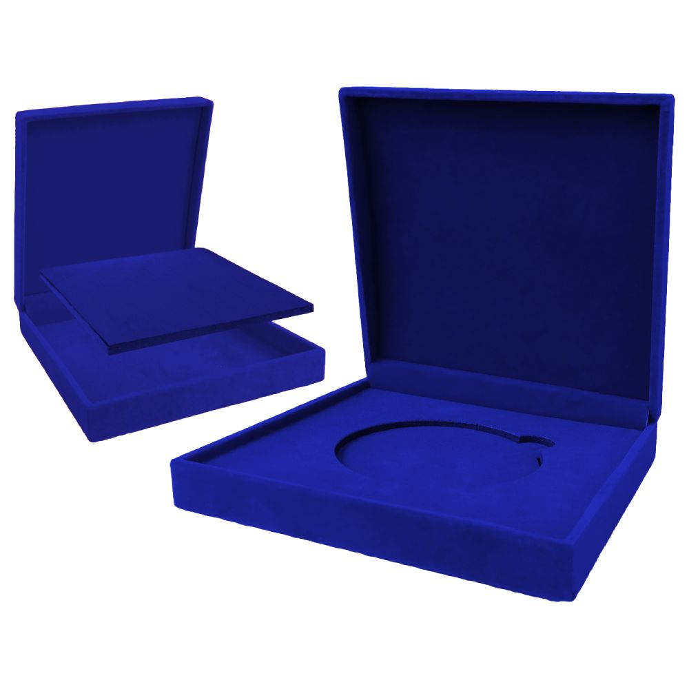 BOXMEDAL/BL/GR2 - Púzdro na medailu 125x125x35mm modré (s vnútorným vkladom a s výrezom na medailu)